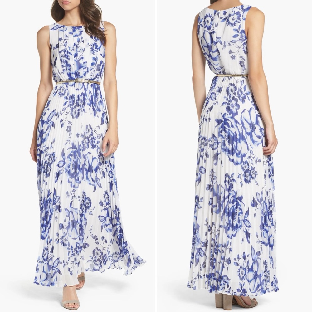 Eliza J Pleated Floral Chiffon Maxi Dress Size 2 Spring Flowers Blue & White